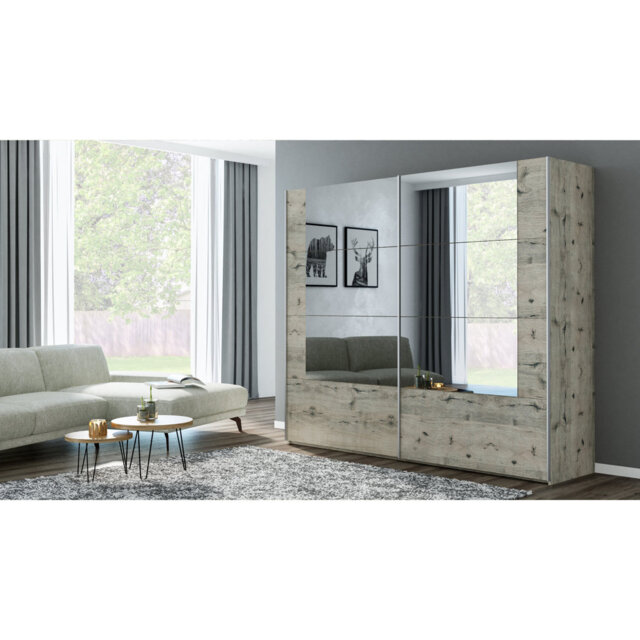 Tallin 250cm Sliding Wardrobe in Oak Wellington - Double Mirror, Designer Storage
