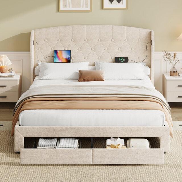 Linen Ottoman Bed With Charging Ports - Hydraulic Storage, Wingback Headboard