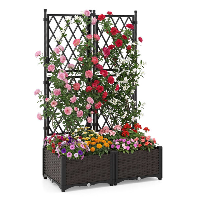 2 PCS Raised Garden Bed With Trellis Self-Watering Elevated Planter Boxes With Drain Holes For Climbing Plants