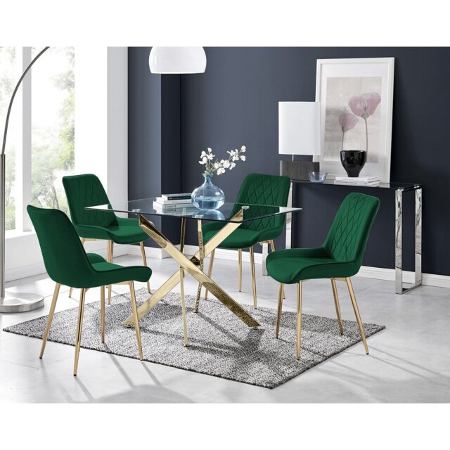 Lenworth Glass Rectangular Dining Table Set with 4 Luxury Velvet Chairs