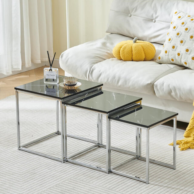 Living Room Nesting Coffee Table Set Of 3 High Glossing Marble Effect, Small Square Side Sofa Table 3 In 1 Nested Table Corner Little End Table Stacka