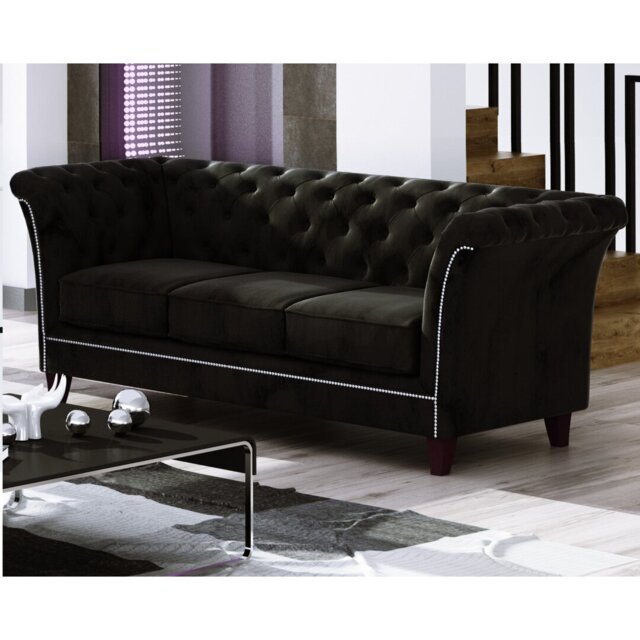 Chesterfield Sofa 3 Seater Made of Velvet Fabric with Solid Wood Legs