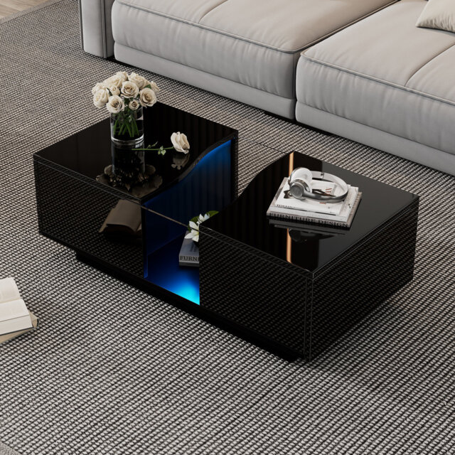 Led Coffee Table With 2 Drawer Storage, High Gloss Coffee Table For Living Room Unique Shape Centre Table With 16-Color Led Lights,End Table For Home