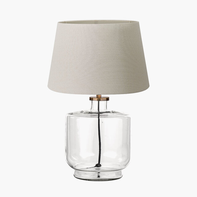 Bhakti Clear Glass and Antique Brass Metal Table Lamp Base with Coast 35cm Cream Calico Tapered Lampshade