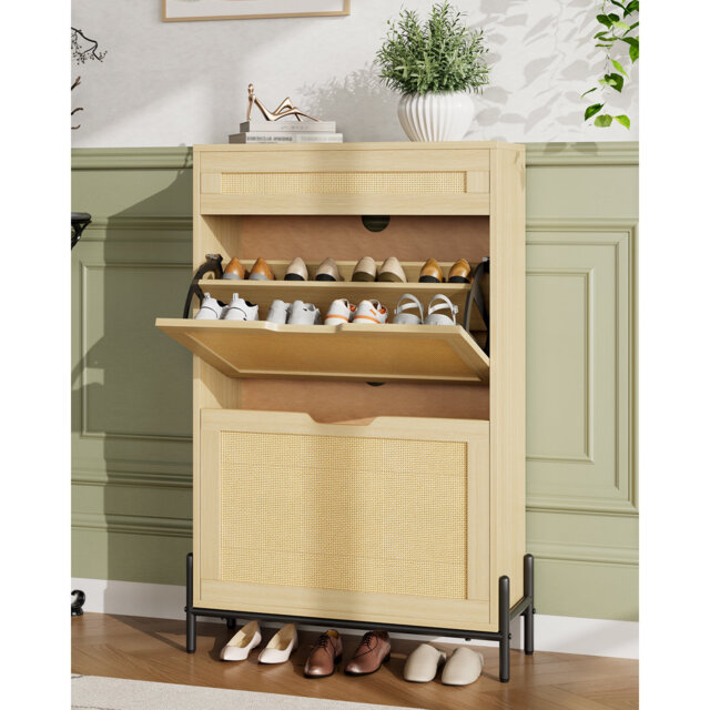 "24"" Slim Rattan Wood Shoe Cabinet with 2 Flip Drawers, 1 Drawer, 3 Adjustable Shelves, Metal Legs, Freestanding Hidden Shoe Storage Rack Shelf Organiz"