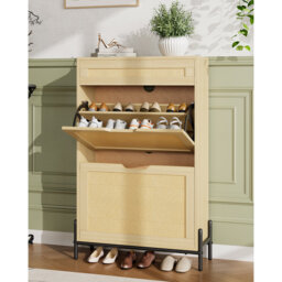 "24"" Slim Rattan Wood Shoe Cabinet with 2 Flip Drawers, 1 Drawer, 3 Adjustable Shelves, Metal Legs, Freestanding Hidden Shoe Storage Rack Shelf Organiz"