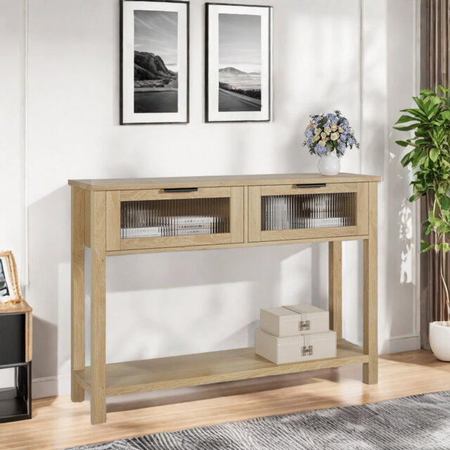 Wood Console Table With 2 Glass Drawers And Open Storage Shelf, Entryway Table For Living Room