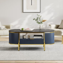 "48"" Oval Coffee Table, Modern Coffee Table with Curved Profile Design, Fluted Center Table with Faux Marble Top and Gold Metal Decor"