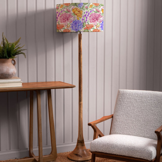 Kinross Wood Mango Floor Lamp & Idalia Fuschia Eva Multicoloured Shade