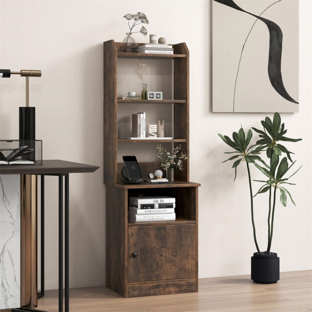 Bedside Table With Charging Station, 140Cm Tall Nightstand Sofa Side Table With Storage Cabinet And Open/Adjustable Bookshelf, Wooden Accent End Table
