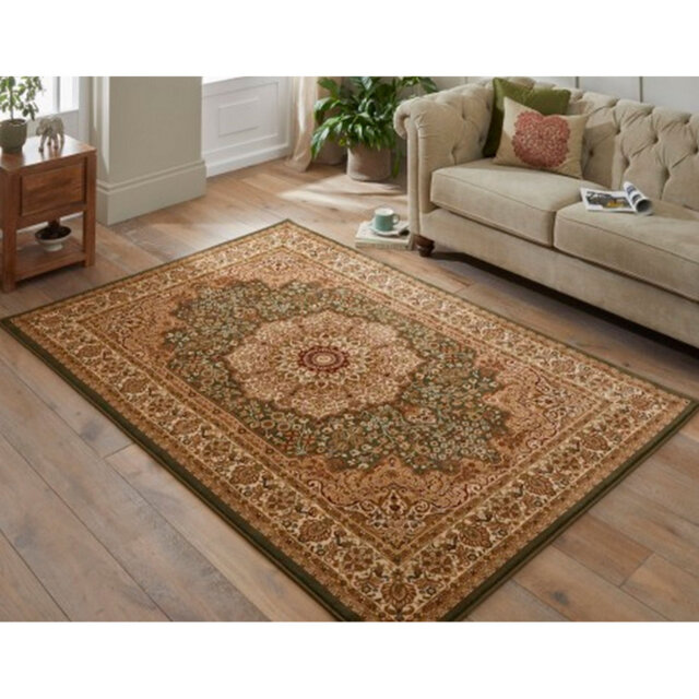 Green Traditional Bordered Floral Polypropylene Rug For Bedroom, Dining Room, Stain Resistant Modern Rug