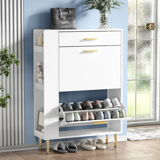Shoe Storage Cabinet, Modern Shoe Cabinet With 2 Flip Hidden Doors And Drawer, Wooden Narrow Shoe Storage With Adjustable Shelves For Hallway, Entrywa