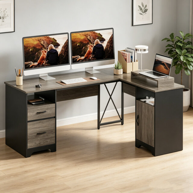 160cm L-Shaped Home Office Desk With File&storage Drawers And Cabinet,Executive Desk With Monitor Stand