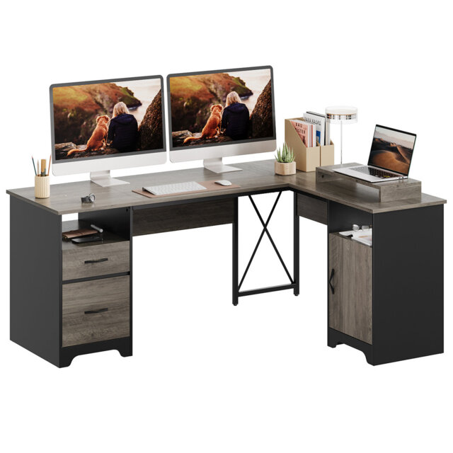 63'' L Shaped Home Office Desk With File&storage Drawers And Cabinet, Executive Desk With Monitor Stand And Open Compartments