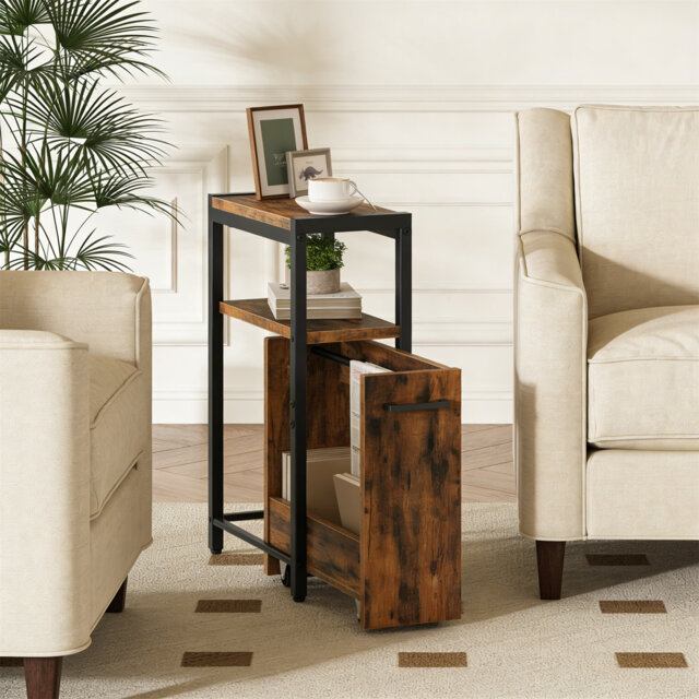 Narrow 3-Tier Side Table With Pull-Out Drawer, Wheeled Industrial Storage Shelf End Table For Living Room Bedroom Small Spaces