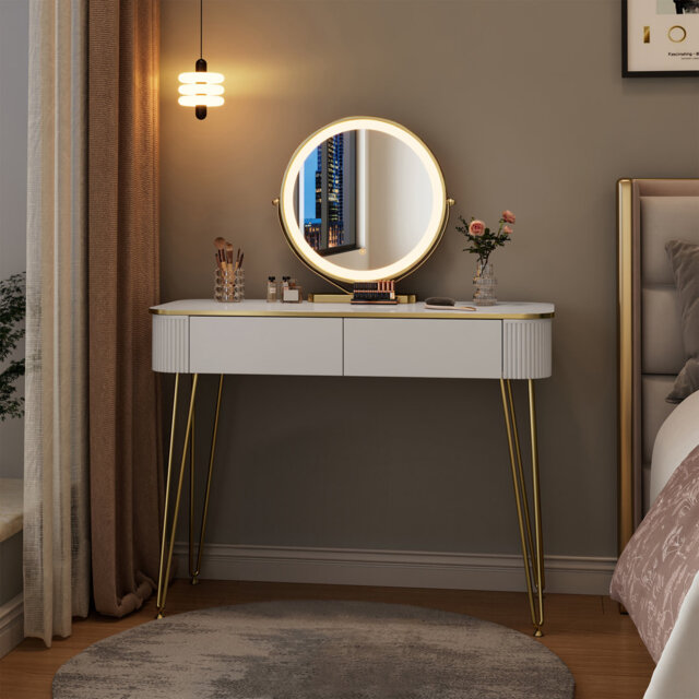 Dressing table with LED lighting, adjustable brightness, dressing table with mirror, 3 colors, cosmetic table with 2 wooden drawers, with metal legs,