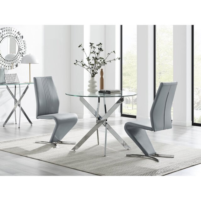 Tierra Modern Chrome Metal & Glass Round Dining Table Set with 2 Modern Design Faux Leather Chairs