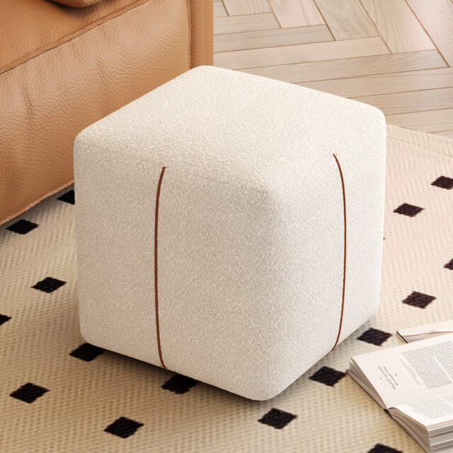 Cream Cube Ottoman Stool Upholstered Square Footstool, Modern Fabric Ottoman For Living Room Bedroom Entryway 47x47x45cm