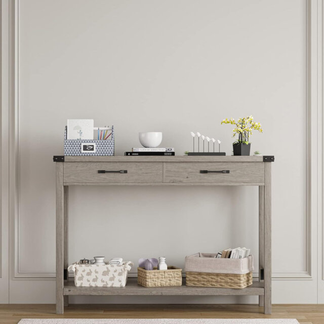 Farmhouse Console Table with 2 Drawers and Storage Shelf â Gray Wooden Sofa Accent Table for Entryway, Living Room, Hallway and Foyer
