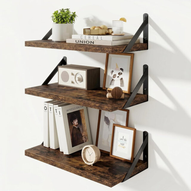 Set of 3 Rustic 40×20cm Floating Wall Shelves with Heavy Duty Metal Brackets