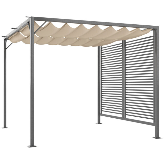 3 X 2.8m Metal Pergola With Retractable Fabric Roof, 180gsm Pu-coated Polyester Canopy, 16 Ground Stakes, Drainage Grommet Holes, Outdoor Garden Shelt
