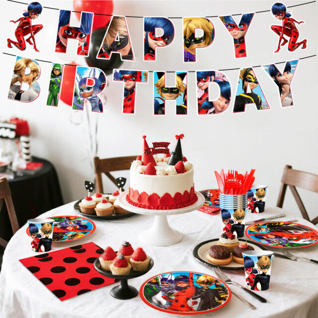 Miraculous Ladybug Party Supplies Tableware Miraculous Ladybug Table Cloth Banner Plates