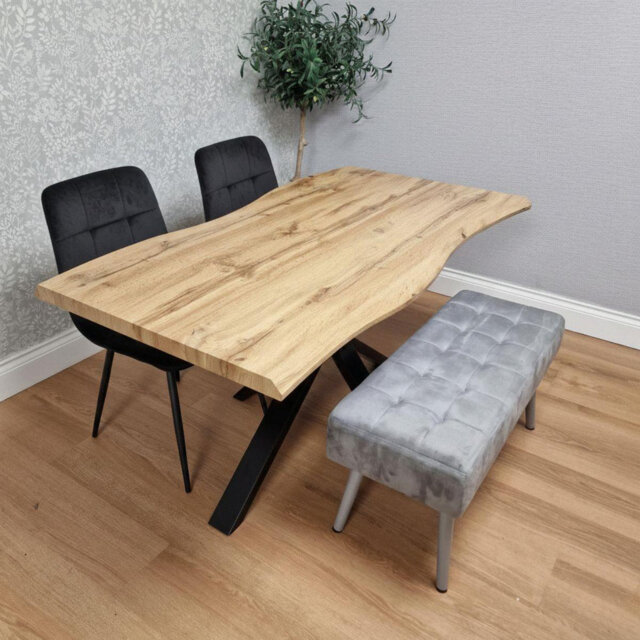 Dining Table with 2 Grey Velvet Chairs and Modern Wooden Benches