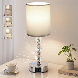 Touch Table Lamp, Crystal Bedside Lamp With 3-Way Dimmable, Small Bedside Lamp With USB C+A Charging Ports, Bedroom Lamp With Fabric Lampshade For Liv