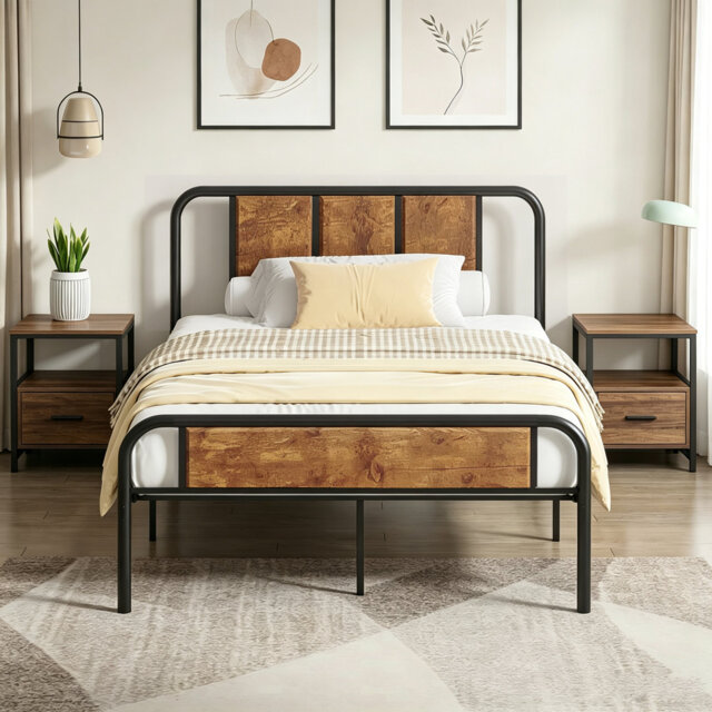 3 Piece Bedroom Set, Industrial Bed Frame with 2 Nightstands Set, Metal Platform Bed with Wood Headboard & Footboard, Farmhouse Bedroom Furniture Set