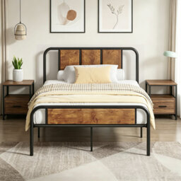 3 Piece Bedroom Set, Industrial Bed Frame with 2 Nightstands Set, Metal Platform Bed with Wood Headboard & Footboard, Farmhouse Bedroom Furniture Set
