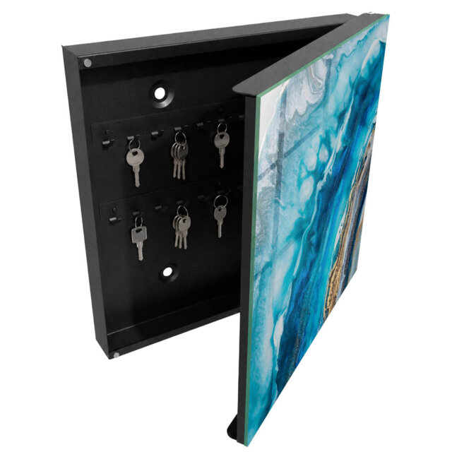 Key box, Opens to the left, 30x30x5, White, Turquoise waves with white accents,