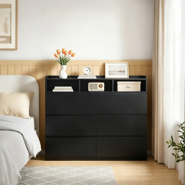 6 Drawer Chest of Drawers with 3 Open Compartments, 120x40x100 cm, Multifunctional Wooden Storage Cabinet for Bedroom Living Room Hallway, White/Black