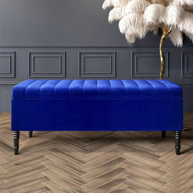 Paris Striped Ottoman Storage Bench - Upholstered Plush Velvet Shoes Bench with Black Turned Wooden Legs
