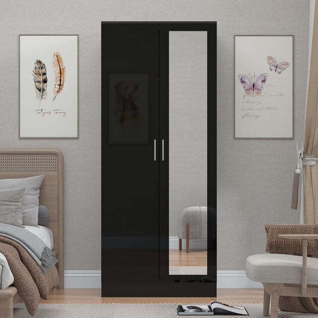 Osbourne High Gloss 2 Door Mirrored Wardrobe - H: 180cm x D: 47cm x W: 76cm