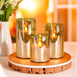 "3-Pack Gold Glass Flameless LED Candles: Battery-Operated with Remote & Timer, Real Wax, Flickering Radiance, 3x4""/5""/6"""