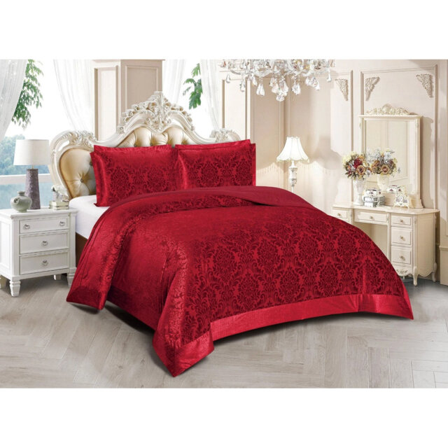 3 Piece Velvet Damask Jacquard Bedspread Reverse Microfibre Bed Throw 2 Matching Pillow Shams
