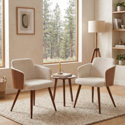 Chic Upholstered Dining Armchair Corduroy White, Metal Frame, Solid Backrest, Walnut Color