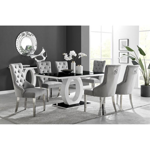 Scottsmoor Halo Dining Table Set in Modern High Gloss with 6 Luxury Velvet Dining Chairs