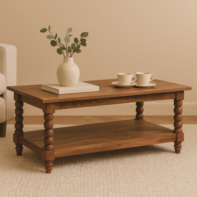 Spindle Turned Leg Solid Wood Coffee Table, Large Lower Open Shelf, Brown Farmhouse Living Room Center Table