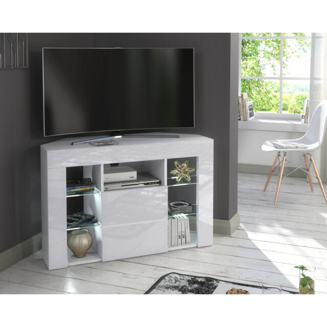 Venico02 White Corner TV Stand for TVs up to 45in with White LED Lights