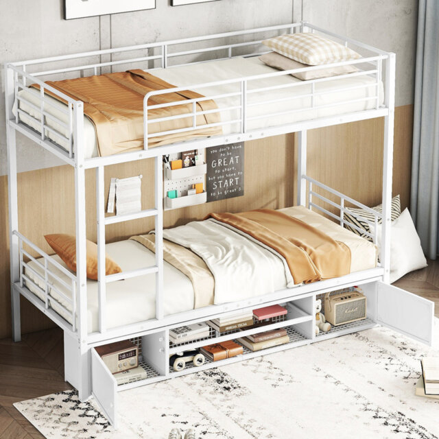 European Single (90 X 200 Cm) Bunk Bed with Storage Included with Built-in Ladder Included
