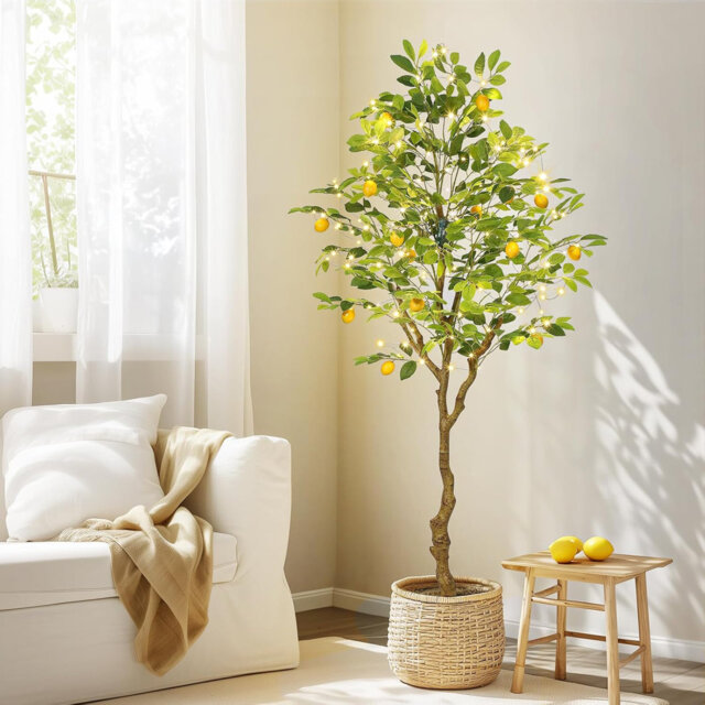 5FT/6FT Artificial Lemon Tree, Fake Lemon Plant with/without Lights, Faux Lemon Tree with Realistic Trunk and Fruits, Suitable for Indoor Home Decorat