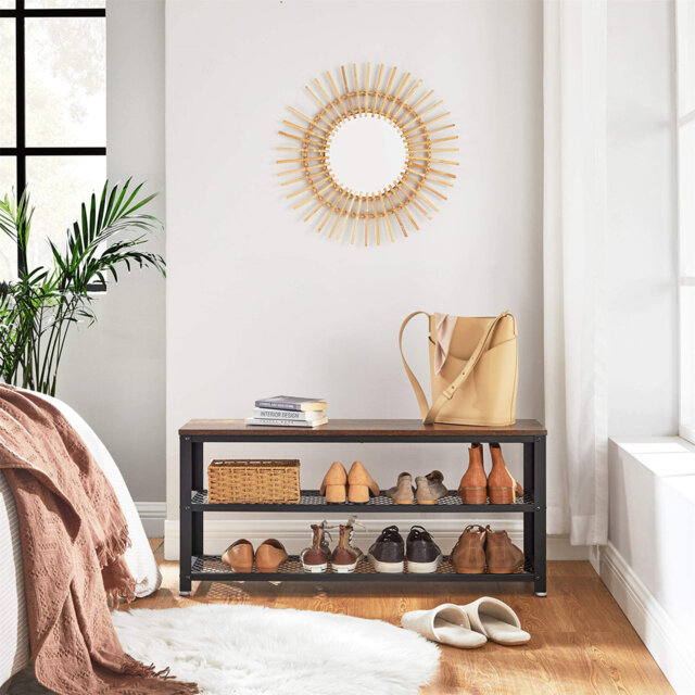 Shoe bench, shoe rack with 2 grid shelves, storage for shoes, 30 x 100 x 45cm, for entrance area, hallway, living room, metal frame, industrial design