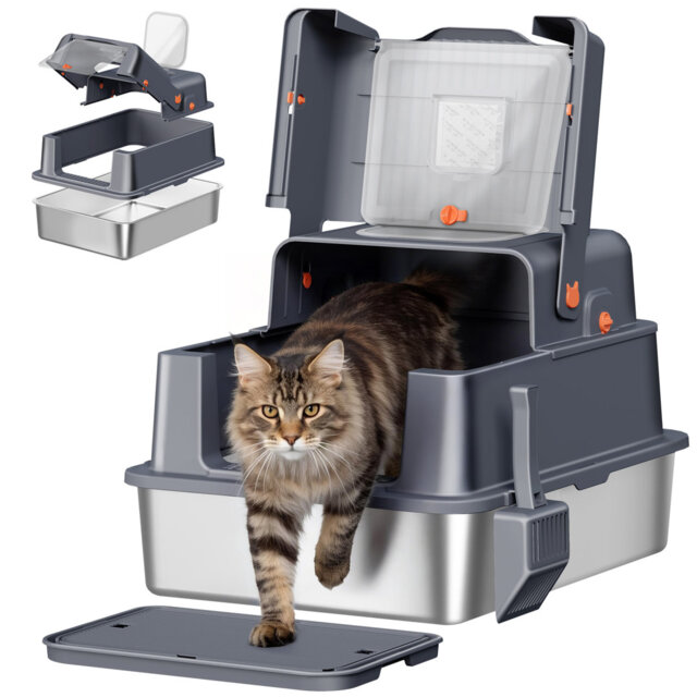 Stainless Steel Cat Litter Tray with Lid, XXXL Enclosed Removable Metal Cat Litter Box, 70 x 50 x 42 cm, 105° Hinged Lid, Includes Pedal and Scoop, M