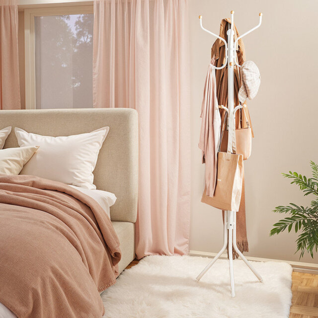 Coat Rack Stand, Coat Tree, Metal Hall Tree, Free Standing, 12 Hooks, for Clothes, Hats, Bags, White