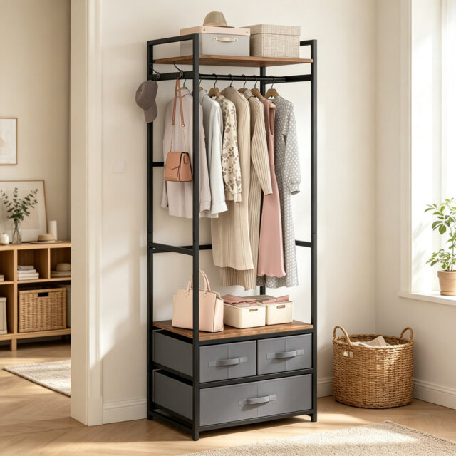 Freestanding Industrial Metal Clothes Rail, Multi-Functional Garment Coat Stand with Hanging Rail, Storage Shelf, Side Hooks & 3 Fabric Drawers, Open