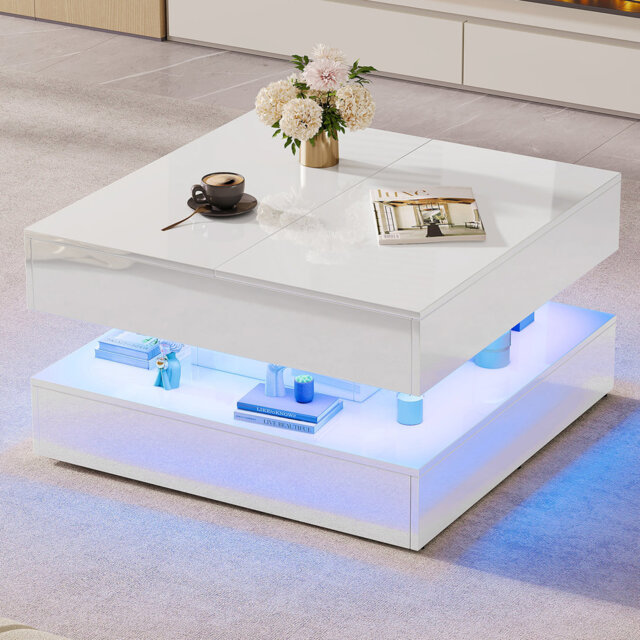 104Cm Modern Coffee Table With 2 Drawers, Glossy Coffee Tables With Storage, Modern Rectangle Side Table For Living Room, White