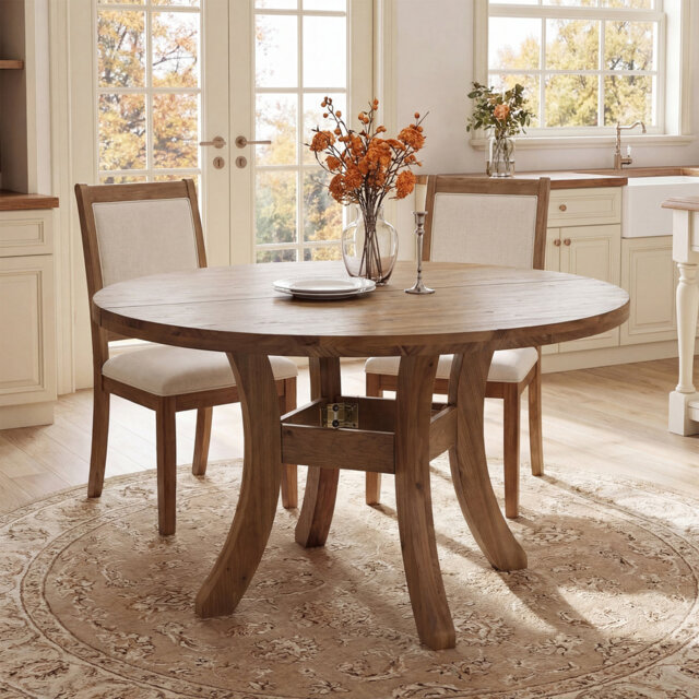 "47"" Solid Wood Round Dining Table for 4-6, Circle Kitchen Dinner Table with Curved Legs"