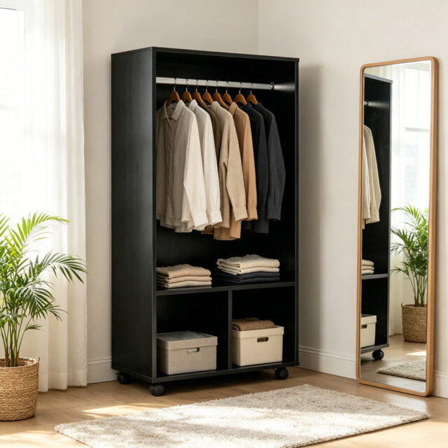 White Freestanding Open Wardrobe with Wheels, Clothes Hanging Rail and 2 Storage Shelves, Mobile Garment Organiser for Bedroom, Hallway or Cloakroom