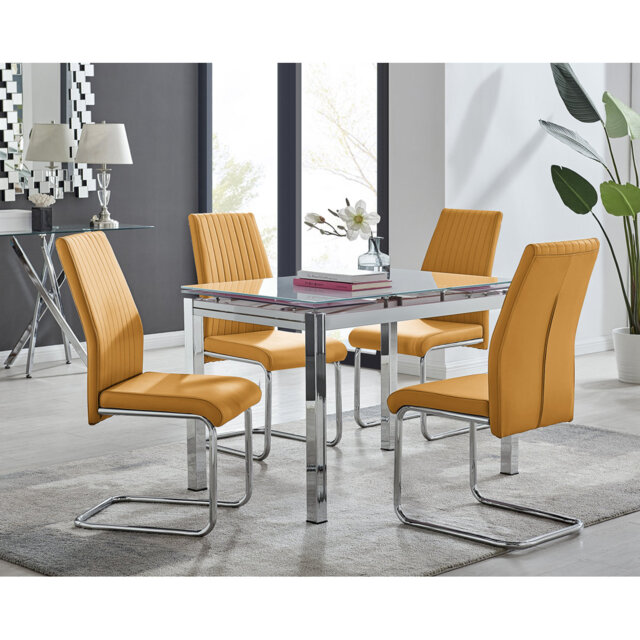 Tierra Modern Glass & Metal Extendable Dining Table Set & 4 Luxury Faux Leather Dining Chairs